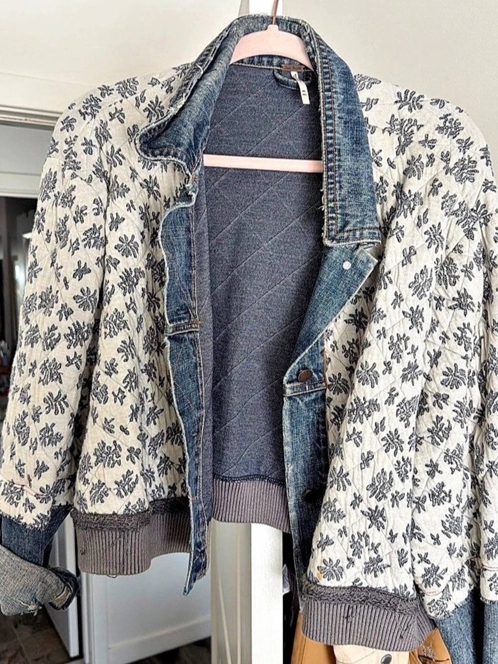 Free People Ditsy Denim Jacket Floral Bomber White & Blue Medium